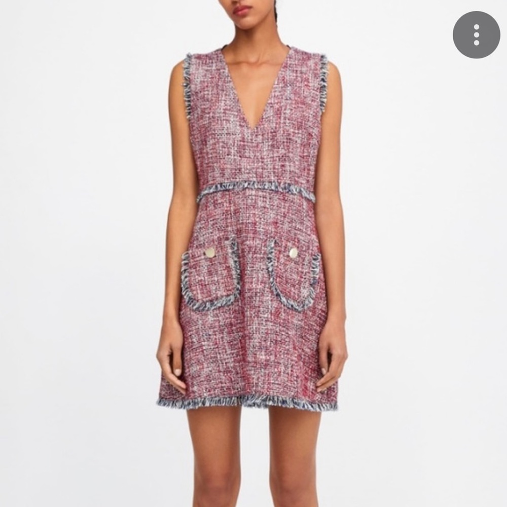 Zara tweed, red and blue dress with pockets, size medium
